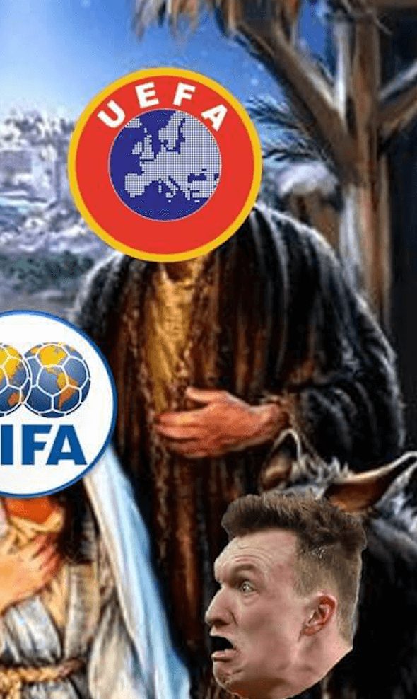 Football nativity scene - Joseph is UEFA