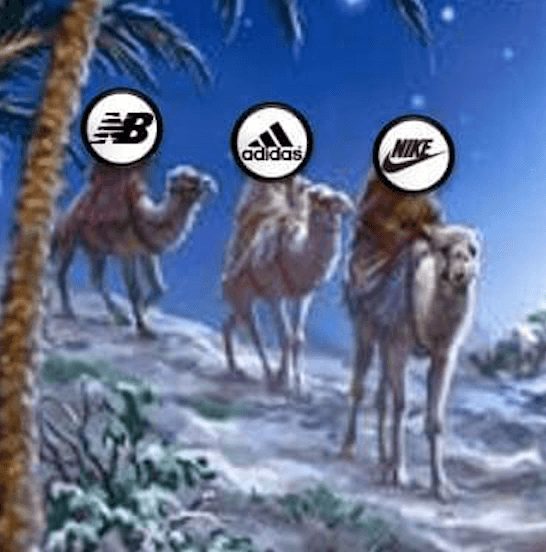 Football nativity scene - the 3 wise men are Nike, Adidas and New Balance