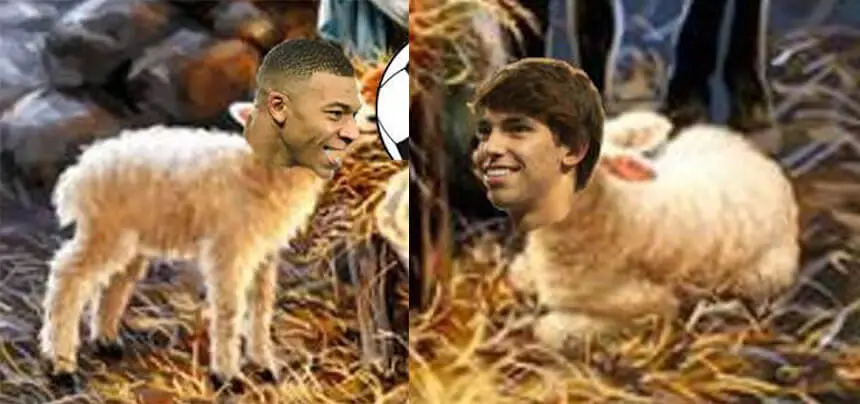 Football-nativity-scene---the-baby-GOATs-are Kylian Mbappe and Joao Felix