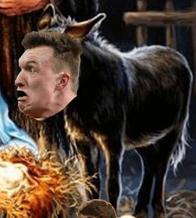 Football nativity scene - the donkey is Phil Jones