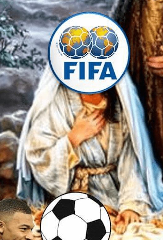 Football nativity scene - the Virgin Mary is FIFA